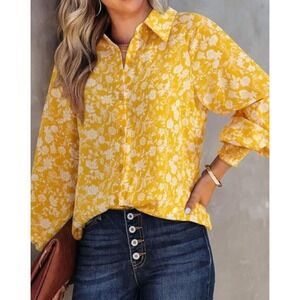 NWT Dokotoo XL Yellow White Long Sleeve Blouse Balloon Sleeve Smocked Cuffs